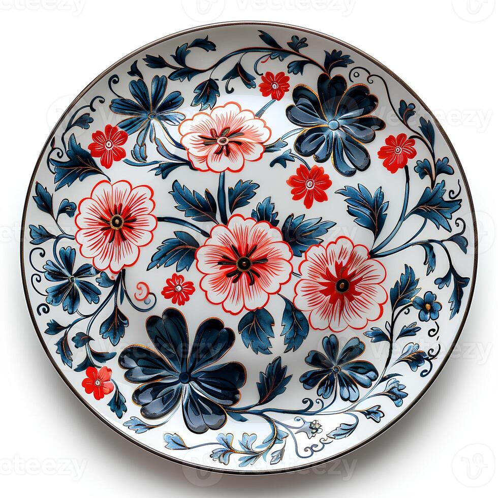 AI generated Plate with flower details isolated on white background with shadow. Intricately decorated white plate with blue and red flowers top view. abstract plate design photo