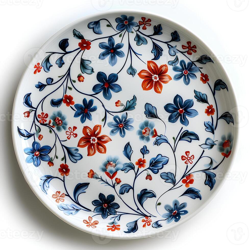 AI generated Plate with flower details isolated on white background with shadow. Intricately decorated white plate with blue and red flowers top view. abstract plate design photo