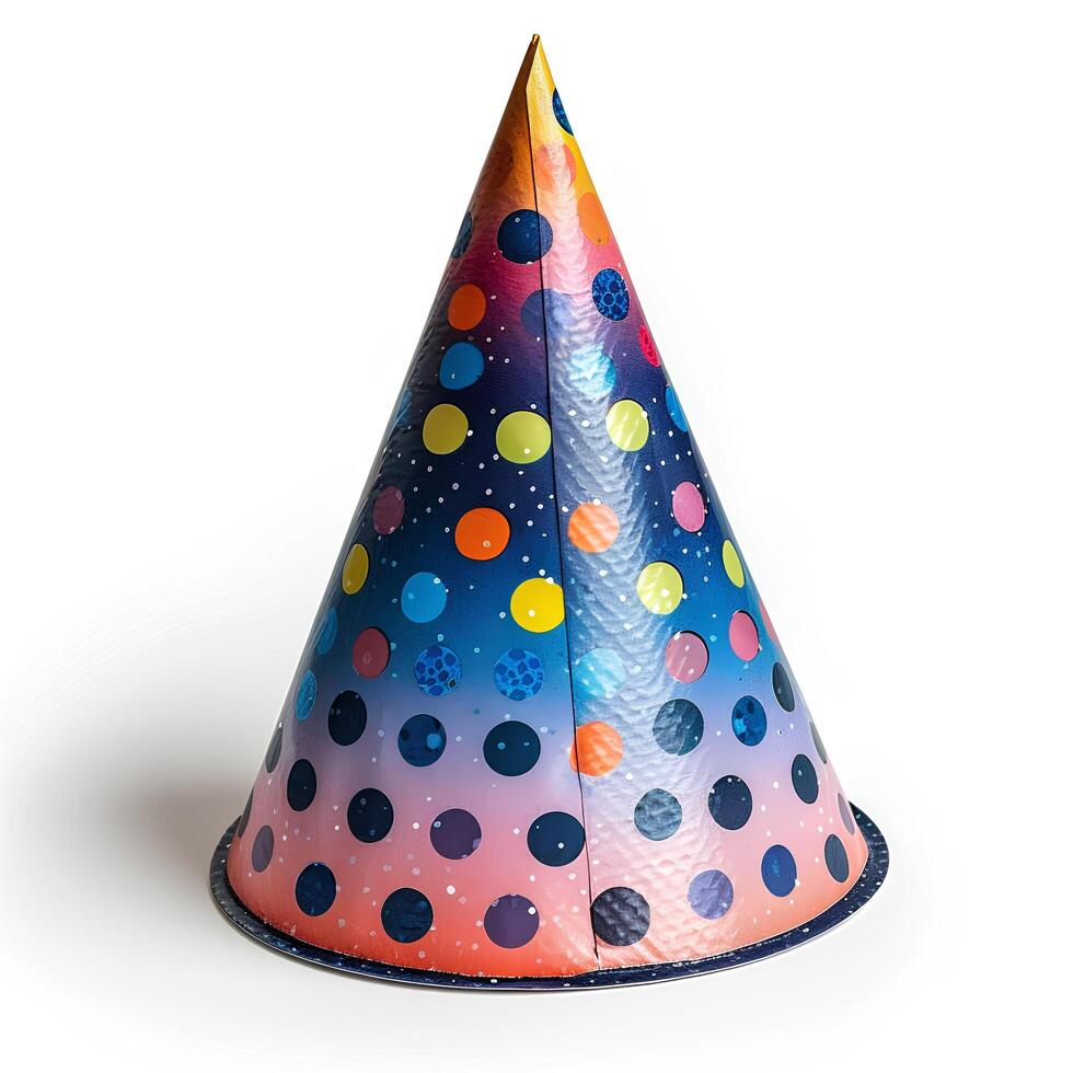 AI generated Party hat isolated on white background with shadow. Colorful party hat for birthday parties and celebrations. Fun party hat with abstract decorations photo