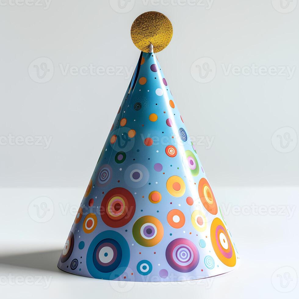 AI generated Party hat isolated on white background with shadow. Colorful party hat for birthday parties and celebrations. Fun party hat with abstract decorations photo