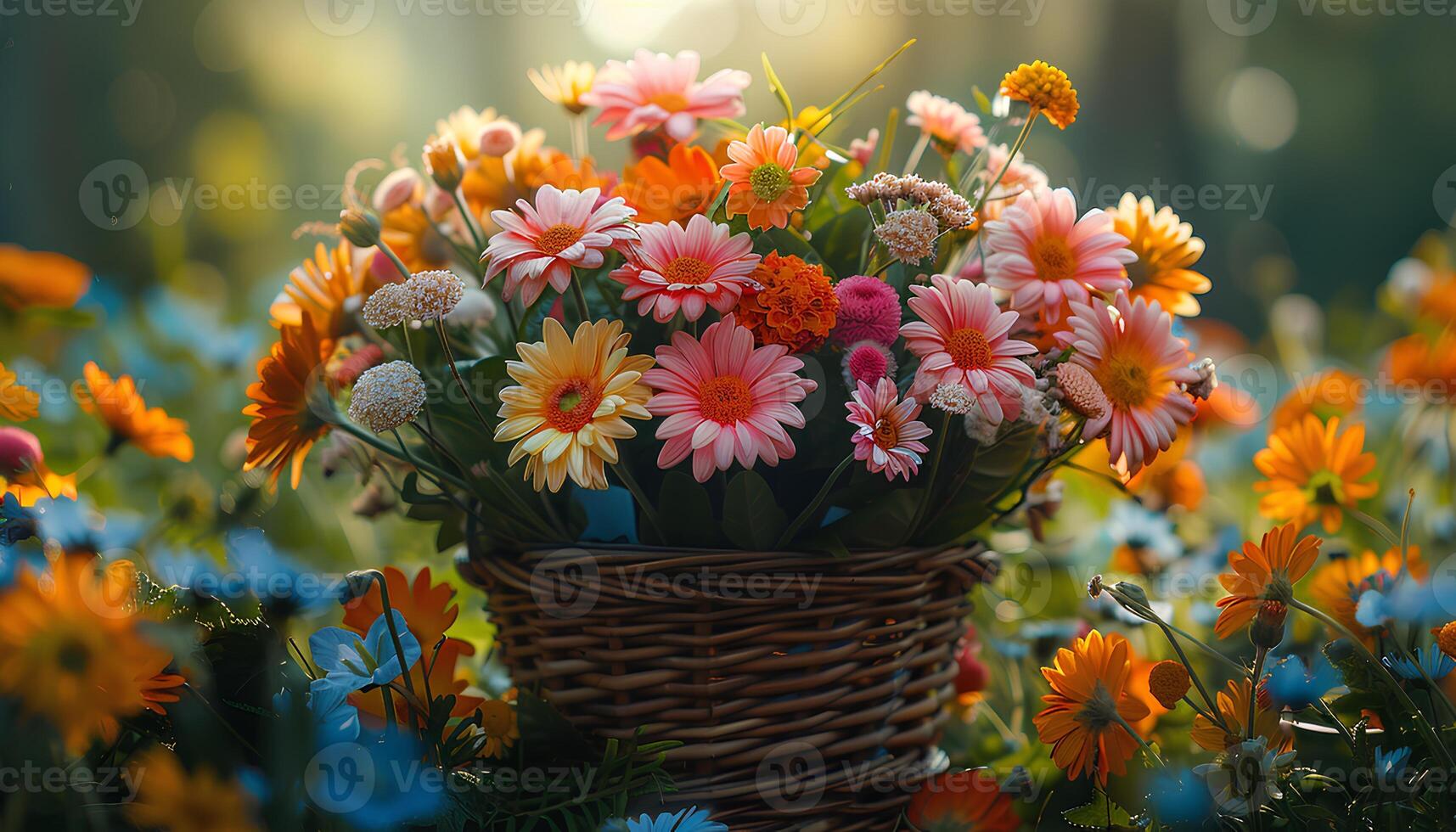 AI generated Basket of flowers for Mother's Day. Colorful flower basket in nature under sunshine during summertime. Wooden basket full of colorful flowers photo