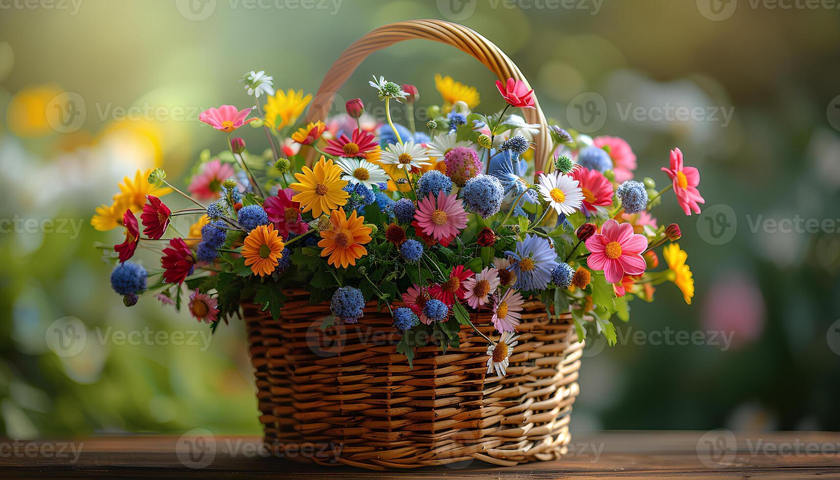 ai generado cesta de flores para de la madre día. vistoso flor cesta en naturaleza debajo Brillo Solar durante Hora de verano. de madera cesta lleno de vistoso flores foto