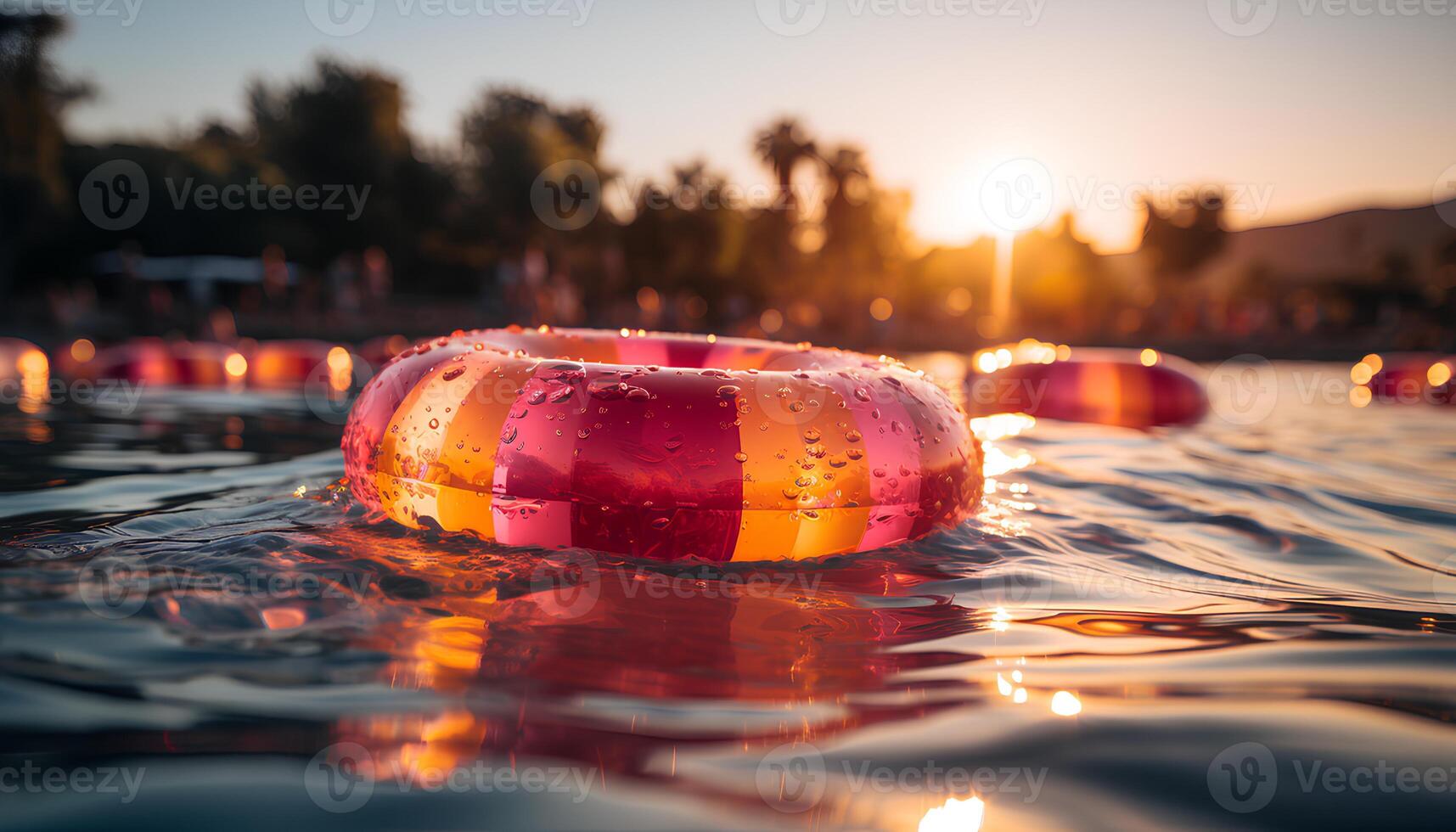 ai generado piscina flotador en piscina durante puesta de sol. de cerca de piscina flotador flotante en un piscina lleno de agua rodeado por palma arboles durante un tropical vacaciones. Hora de verano actividad foto