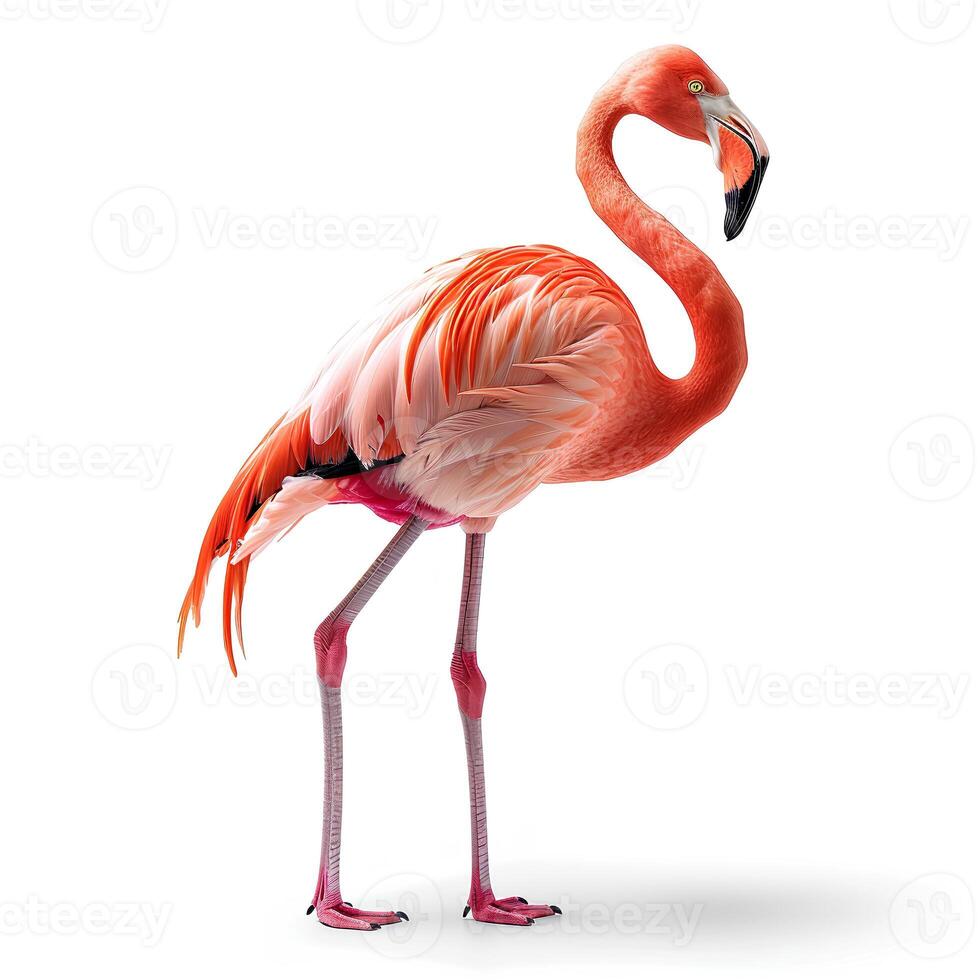 ai generado rosado flamenco aislado en blanco antecedentes con sombra. flamenco pájaro aislado. vistoso pájaro foto