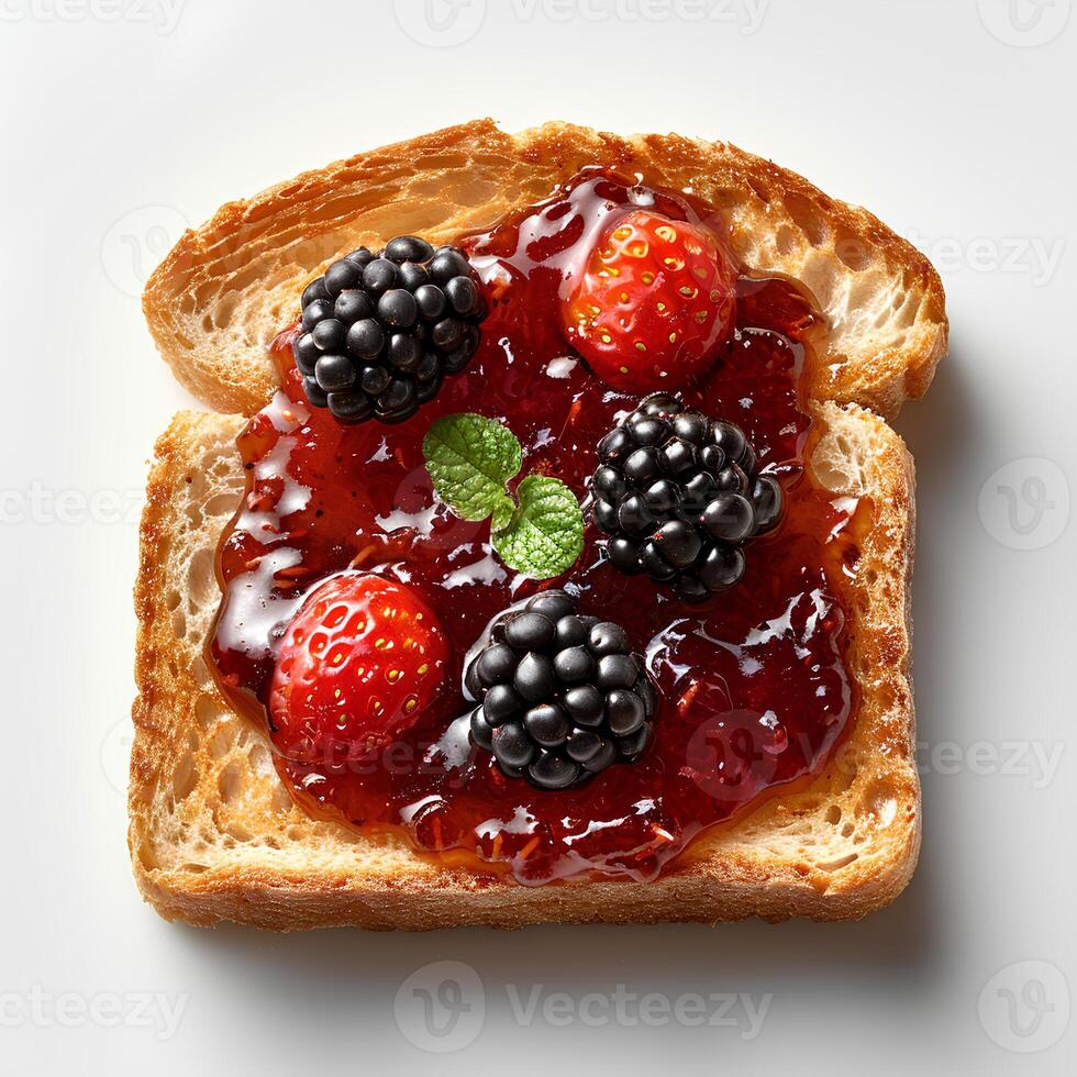 AI generated Roasted slice of toast bread with blackberry jam isolated on white background with shadow. Toast top view. Slightly burnt toast bread flat lay. blackberry jam photo