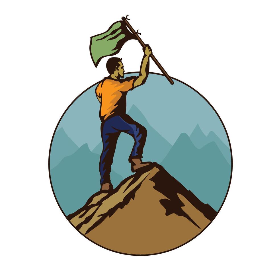 A man holding flag in the top of mountain vector illustration is retro style