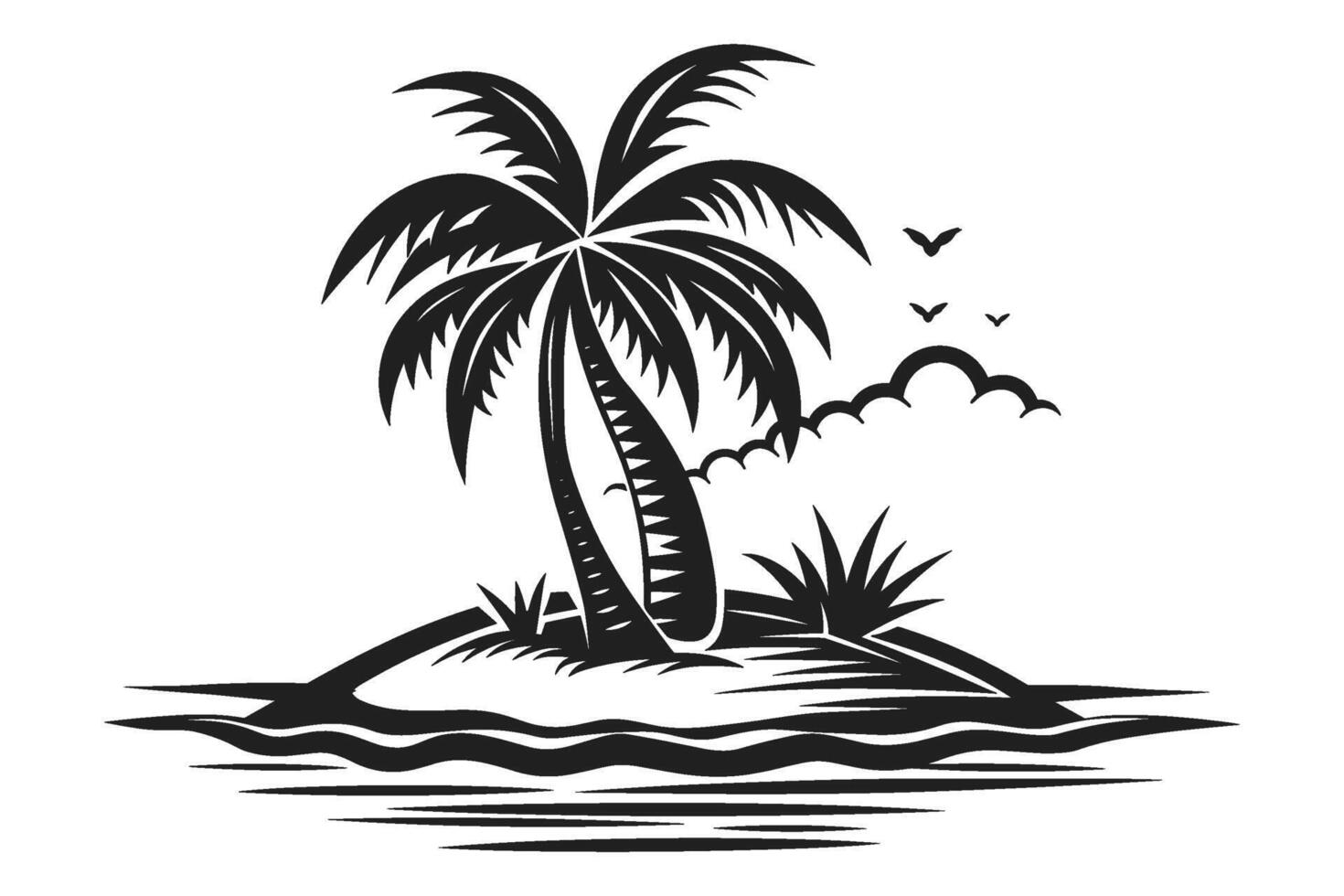 ai generado negro y blanco silueta de un tropical isla con un palma árbol. verano vacaciones viaje. vacío isla. plano vector ilustración.