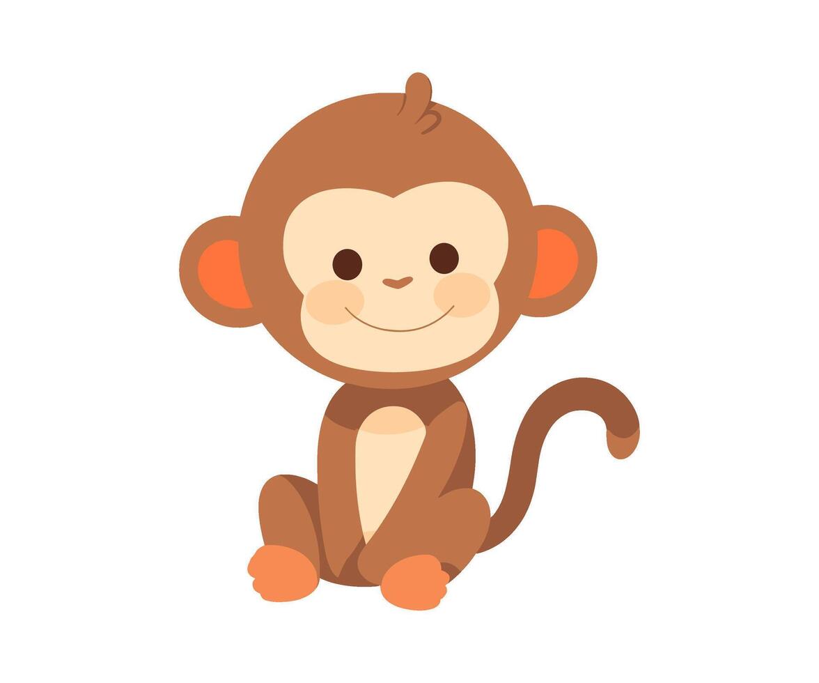 AI generated Adorable cartoon monkey sitting and smiling, perfect for children content as coloring pages. Flat vector illustration isolated.