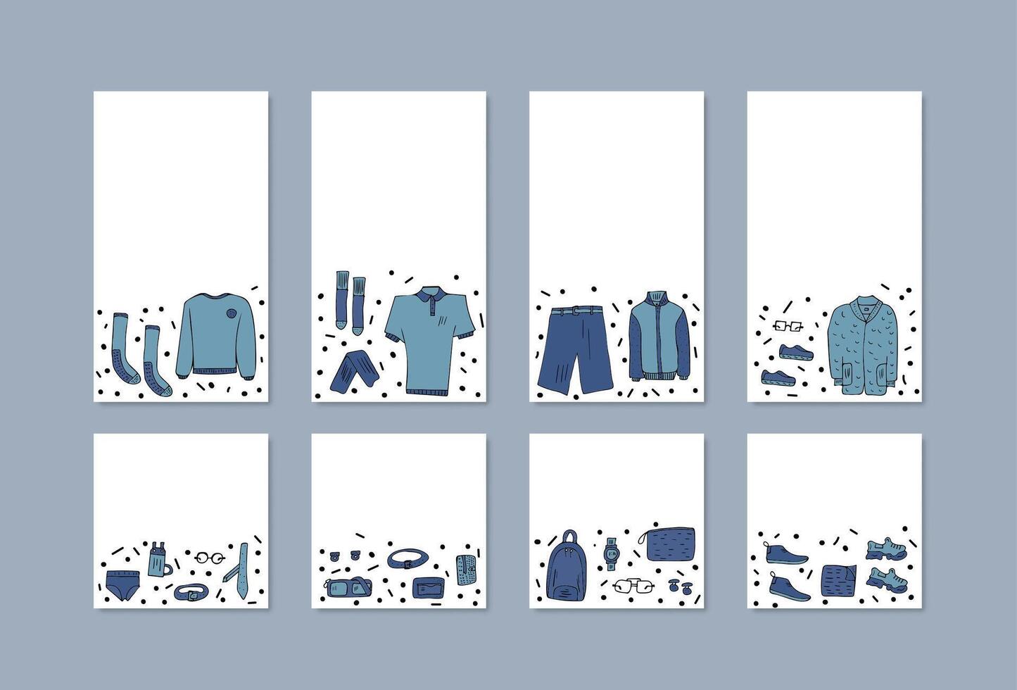 Men clothes and accessories set in doodle style. vector