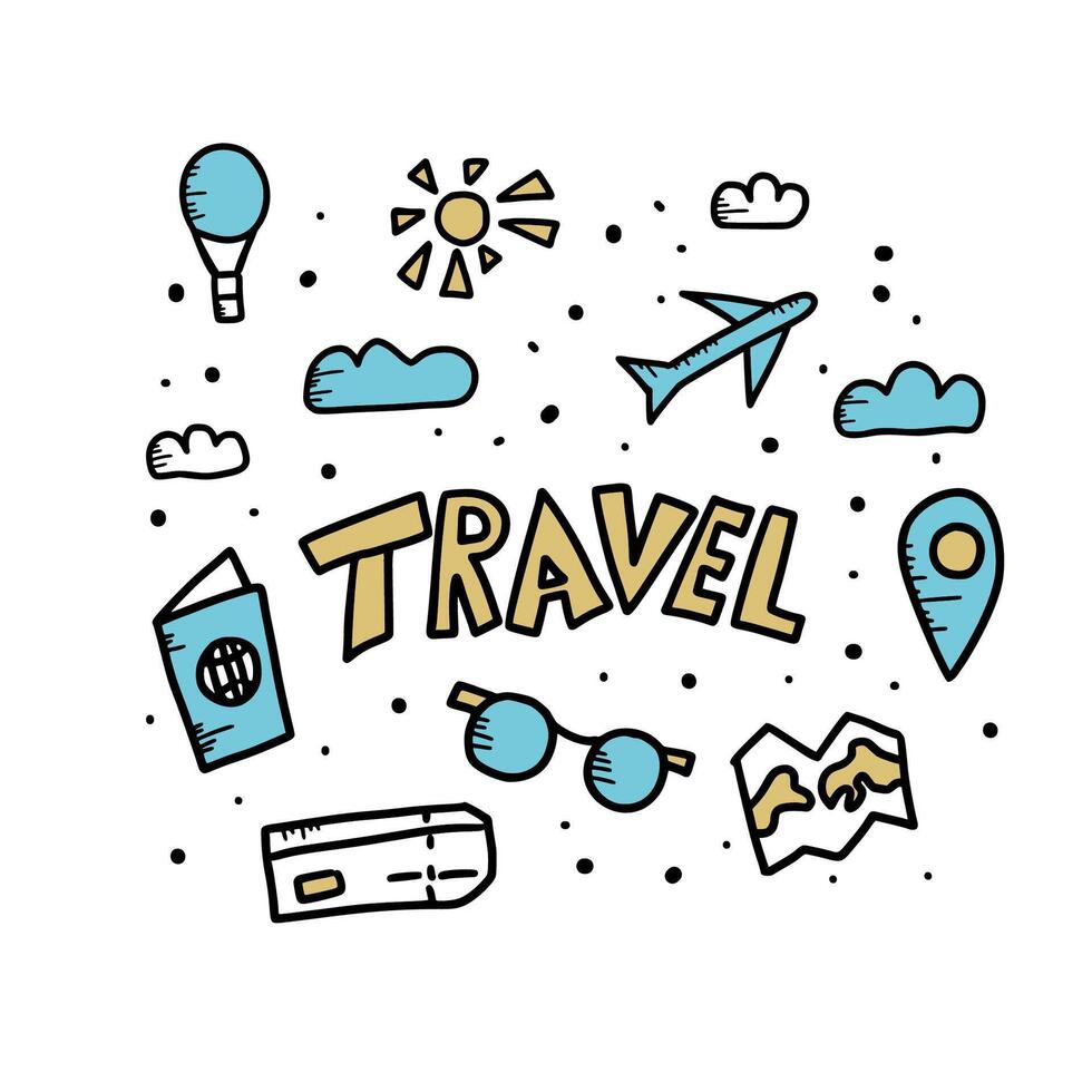 Set of travel doodle symbols in vector. vector