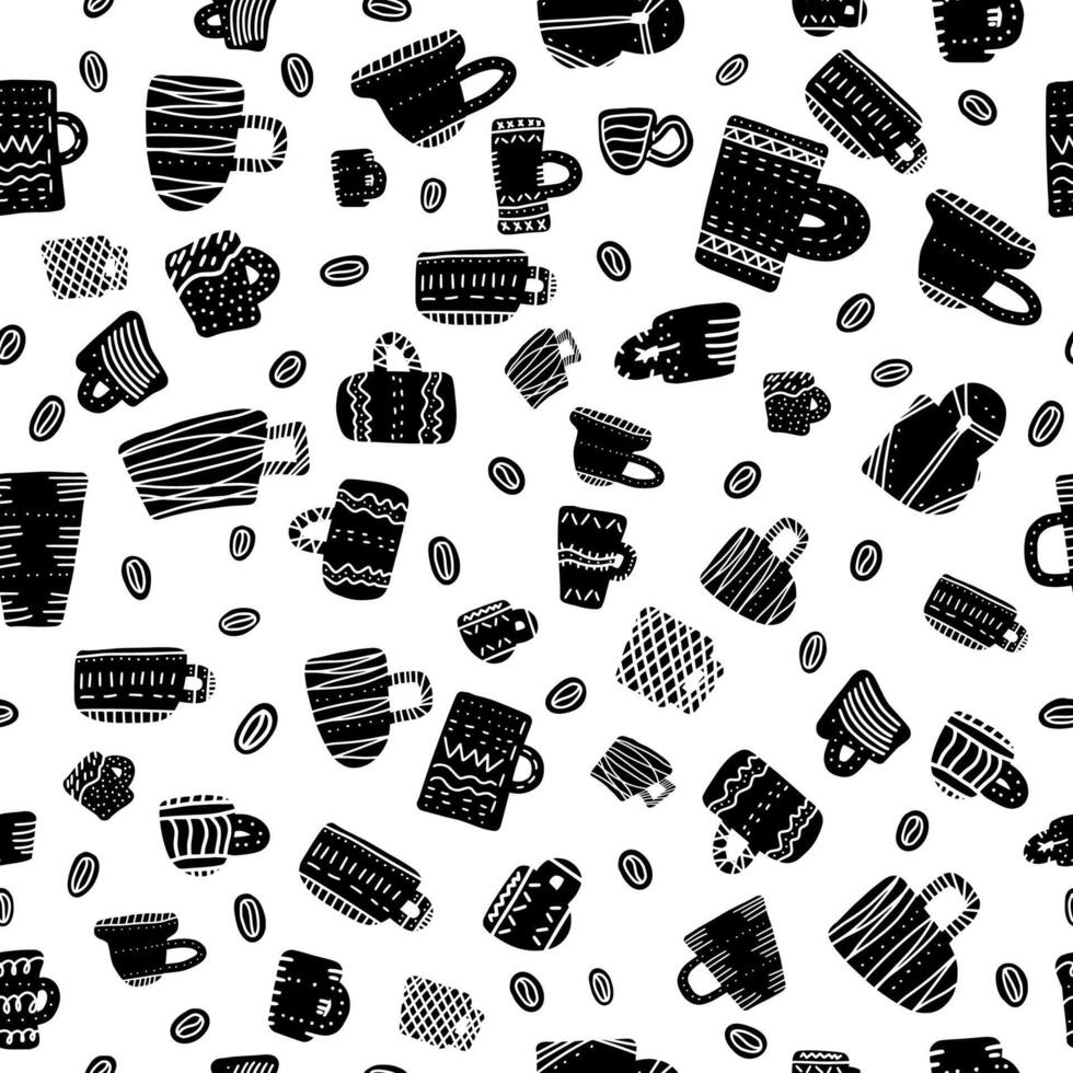 Seamless pattern of mugs with decoration. Vector illustration.