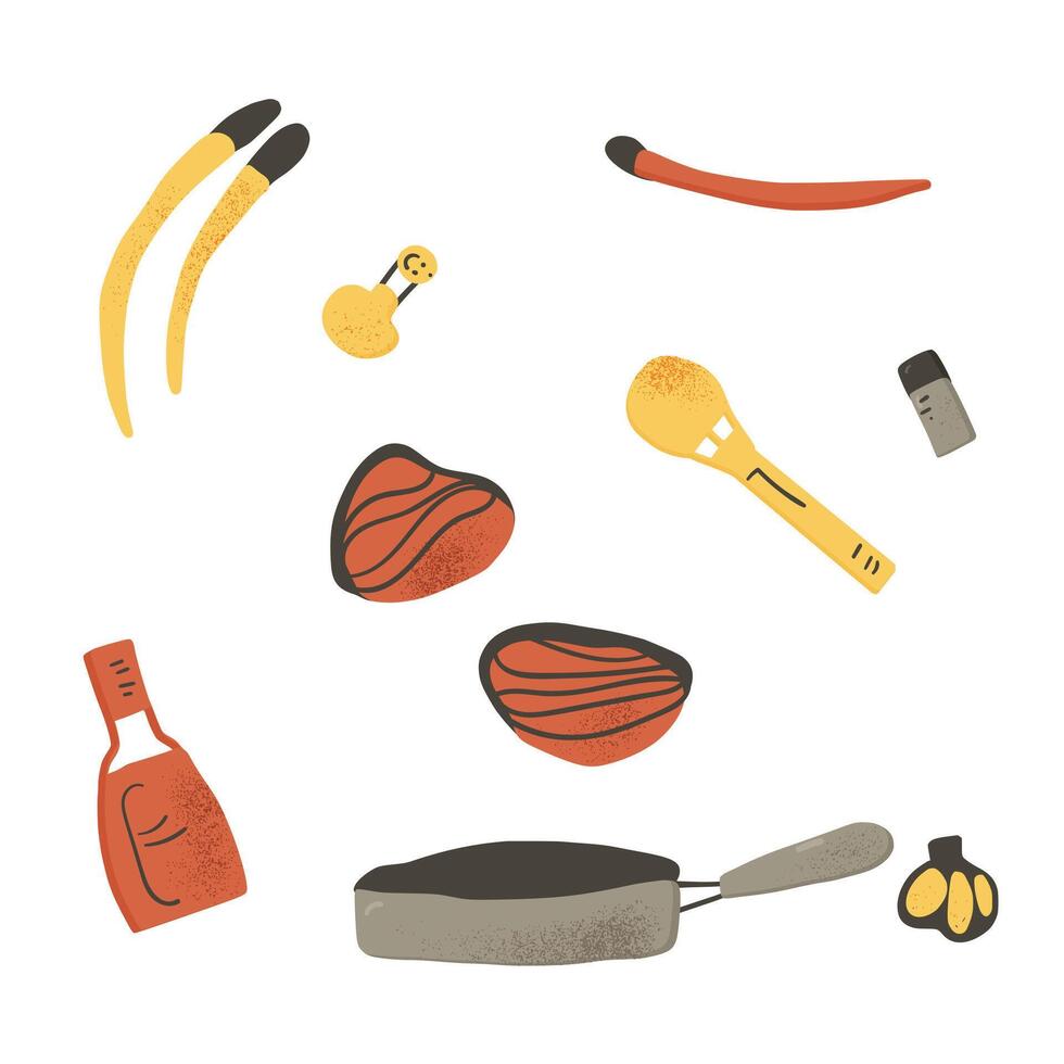 Fried meat recipe with ingredients. Vector design.