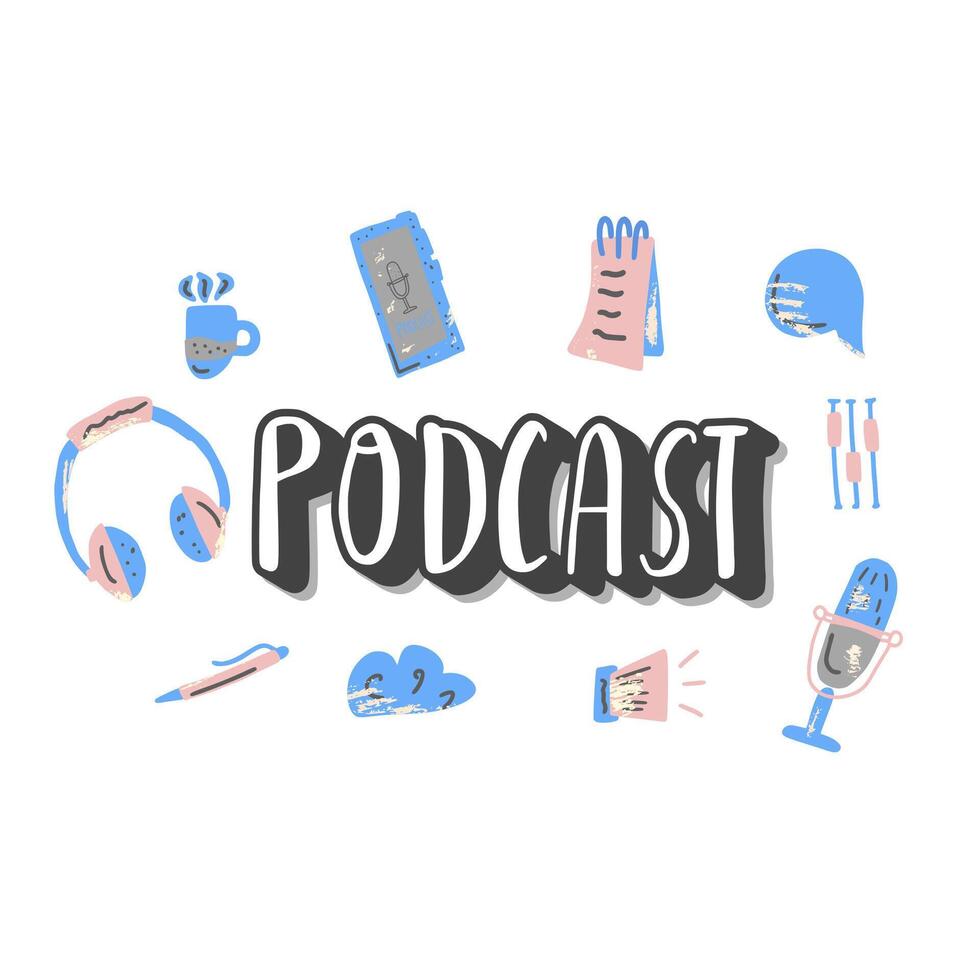 Podcast lettering with decoration. Vector design.