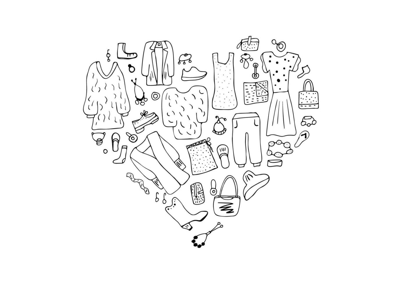 Woman clothes and accessories set in doodle style. vector