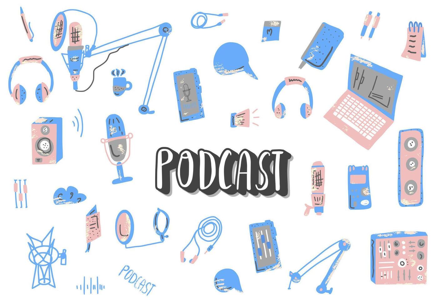 Podcast lettering with decoration. Vector design.