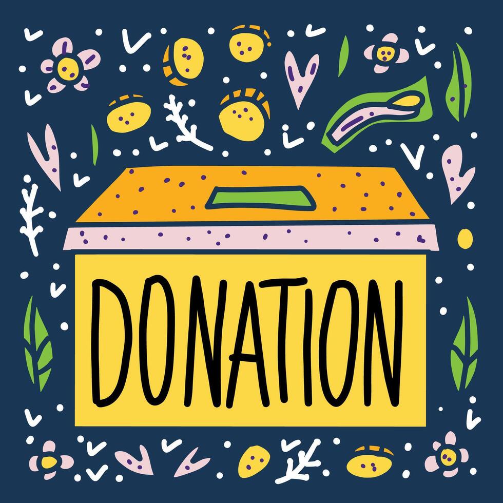 Vector donation box with lettering and decor.