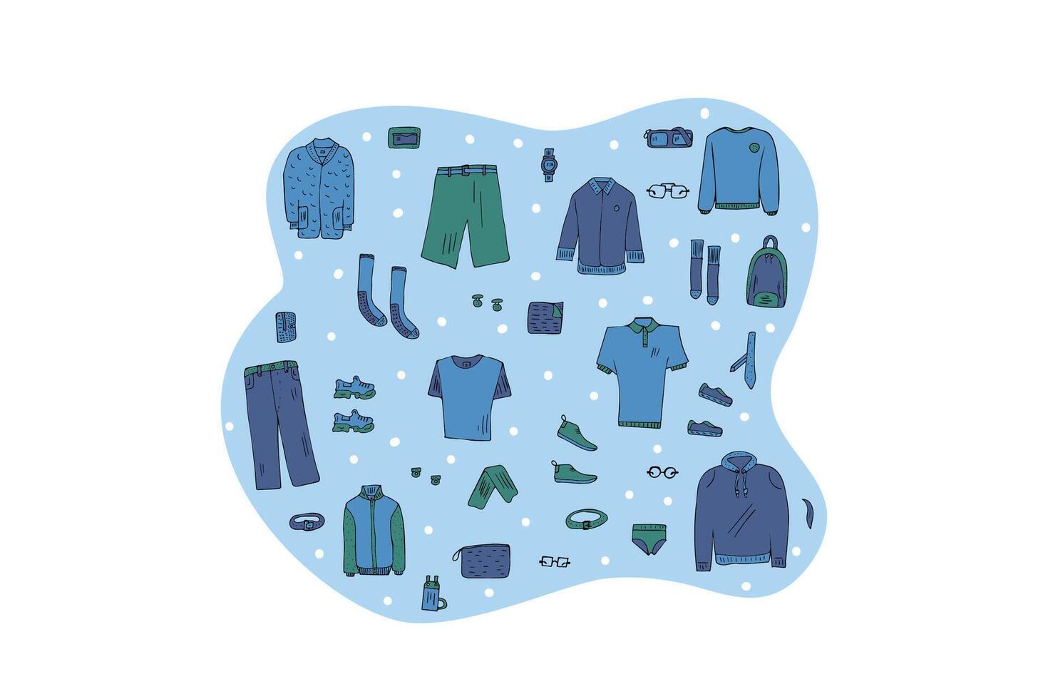 Men clothes and accessories set in doodle style. vector