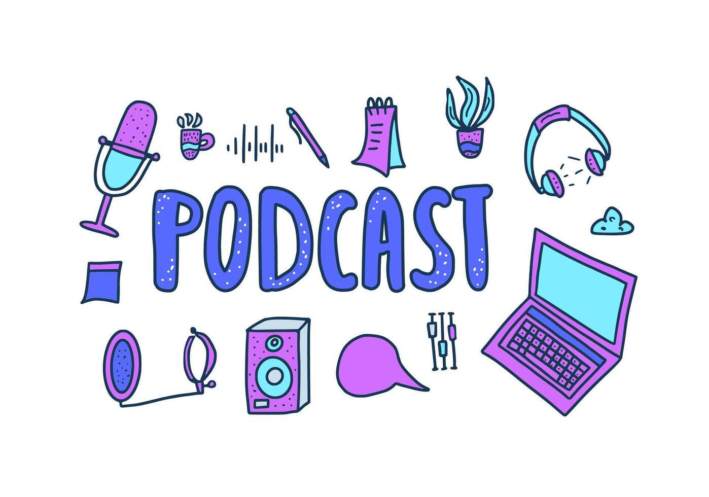 Podcast lettering with decoration. Vector design.