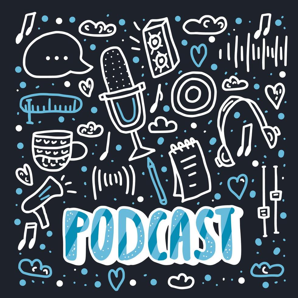 Podcast lettering with decoration. Vector design.