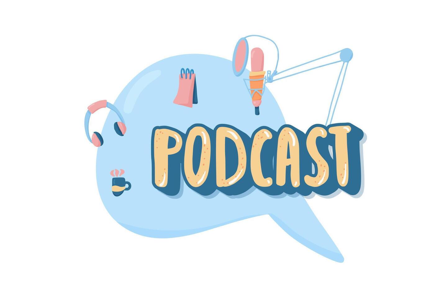 Podcast lettering with decoration. Vector design.