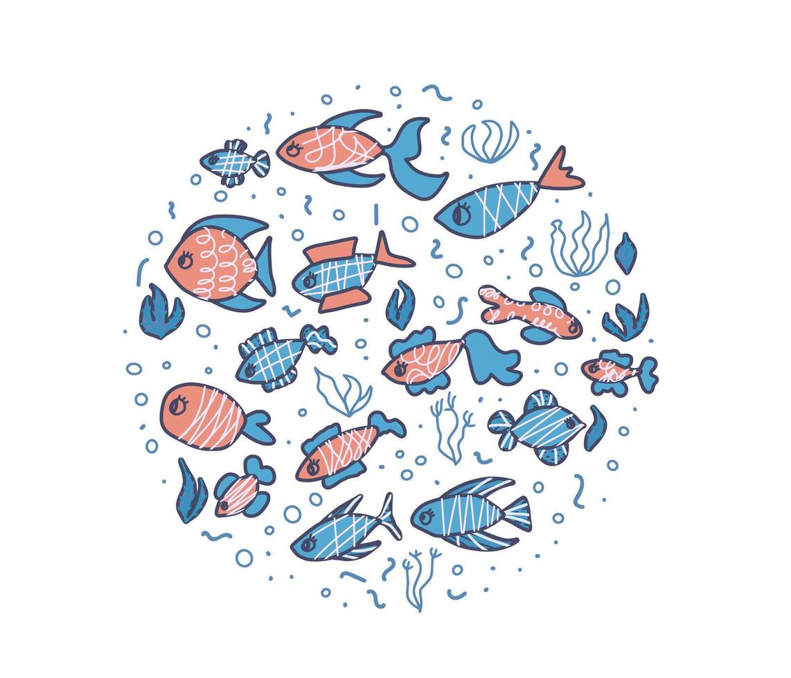 Vector fish collection isolated in doodle style.