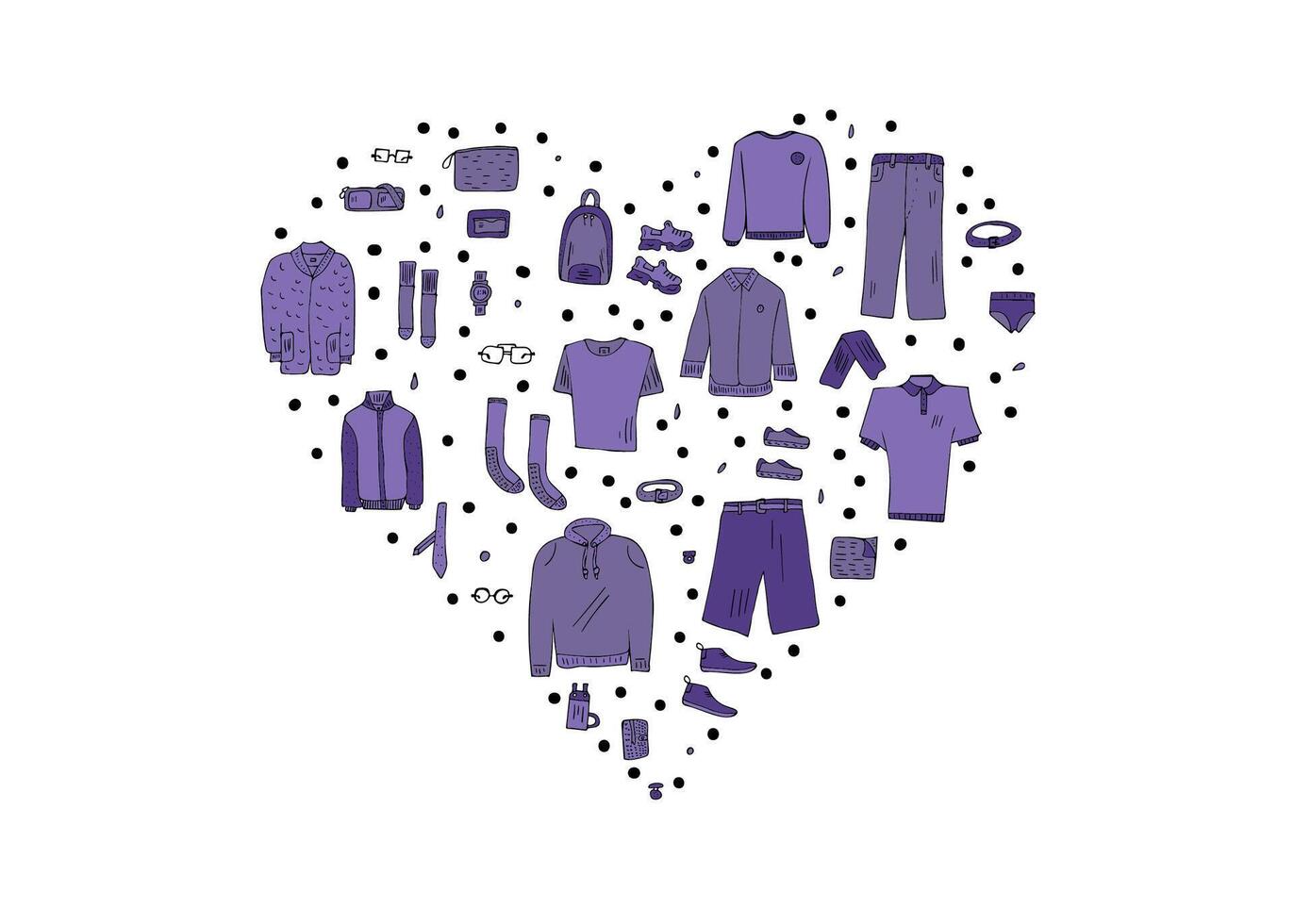 Men clothes and accessories set in doodle style. vector