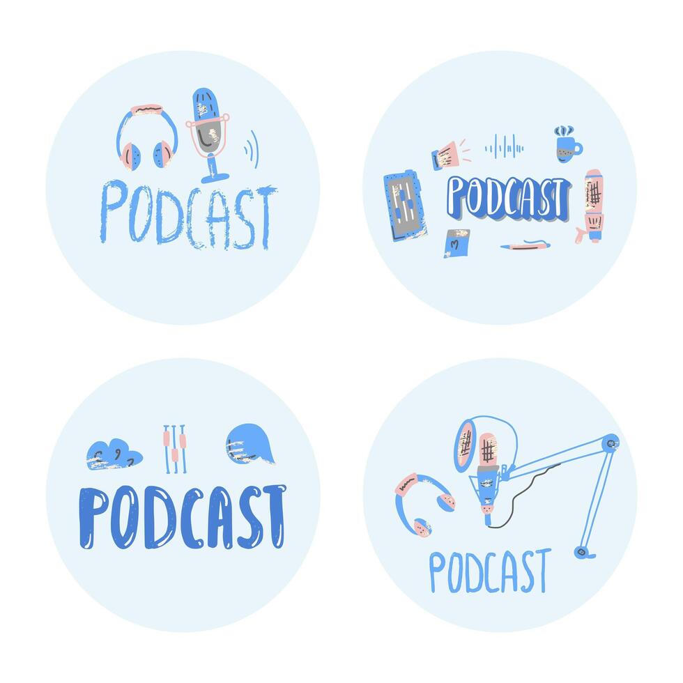 Podcast lettering with decoration. Vector design.