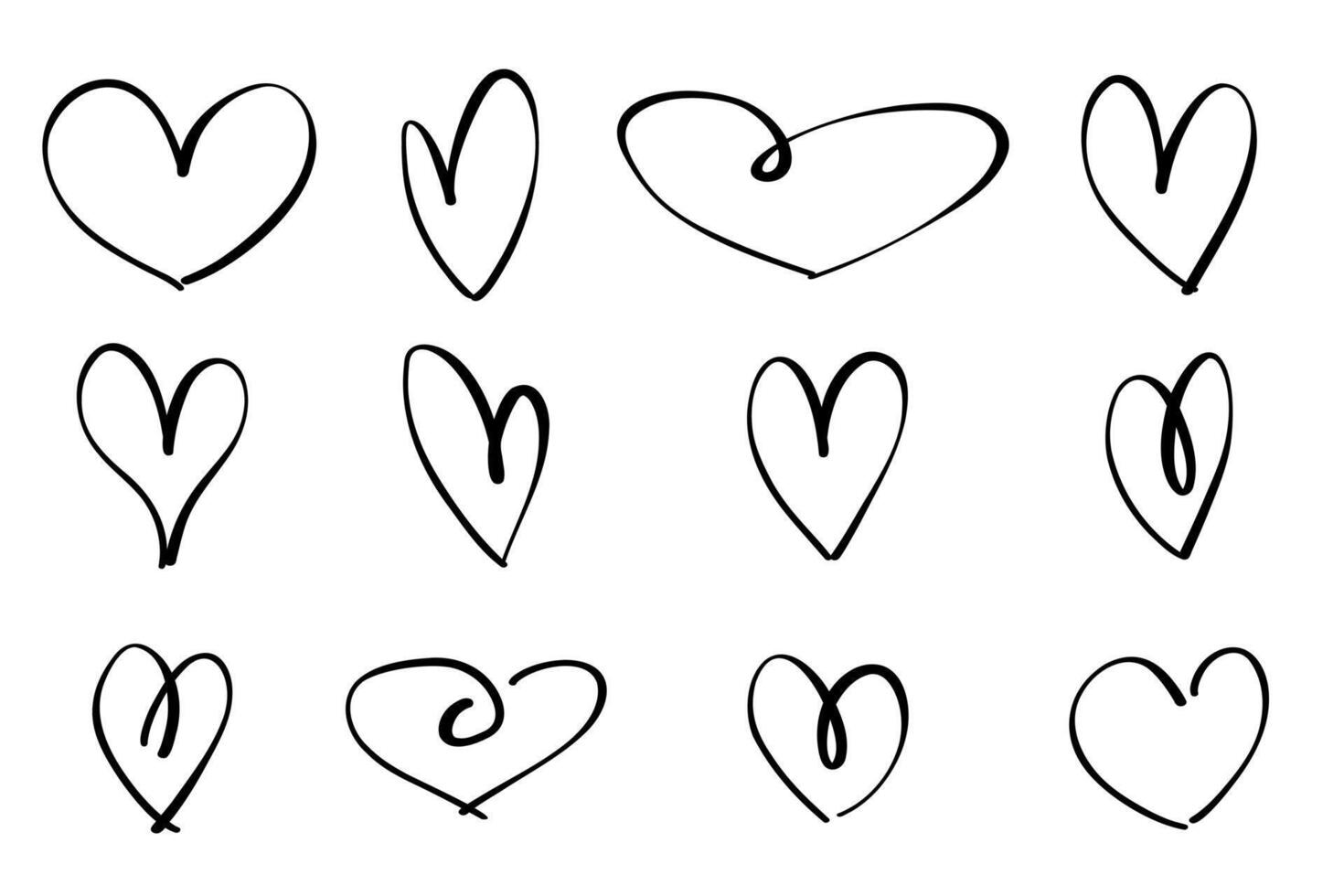 A set of twelve hand-drawn hearts. Hand drawn rough heart marker isolated on white background. Vector illustration for your graphic design