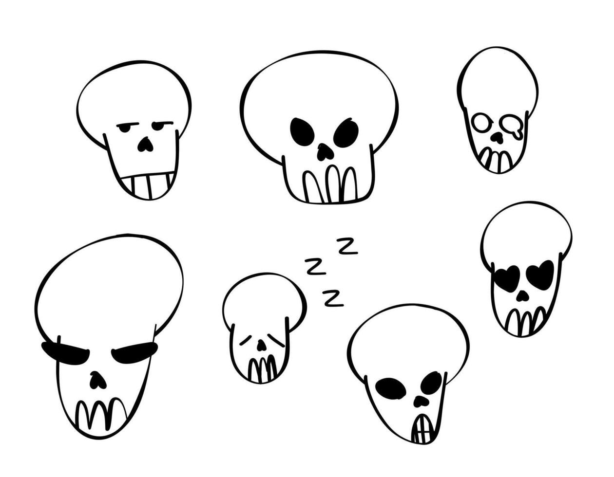 Doodle skull set, great design for any purposes. vector set of isolated skull heads and bones with a pattern of dots. hand drawn doodle style skull and crossbones with black line on white background