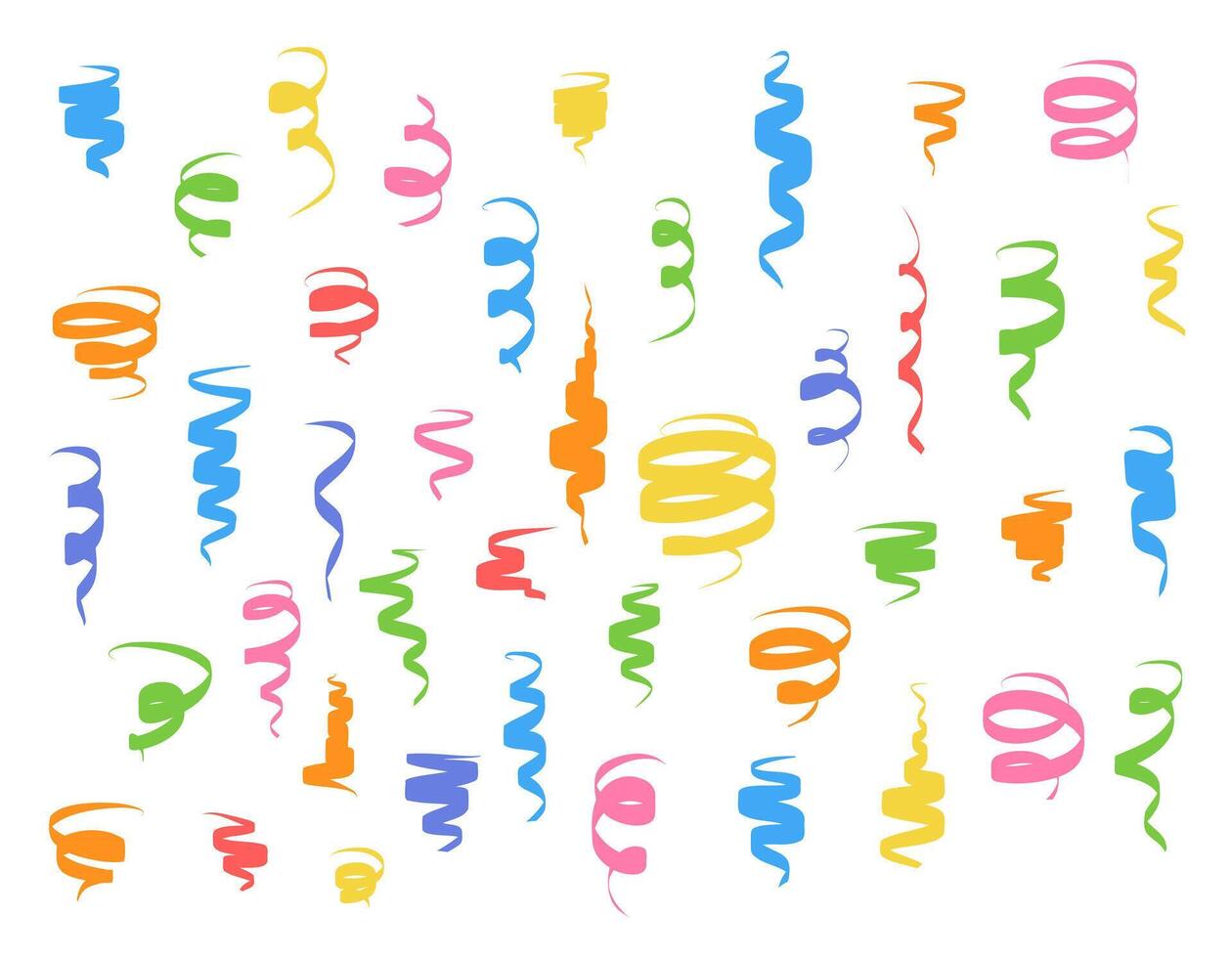 Set of serpentine carnival ribbons set vector background. Colorful paper streamers isolated on white for gift, greeting, holiday design. Vector graphics in flat style