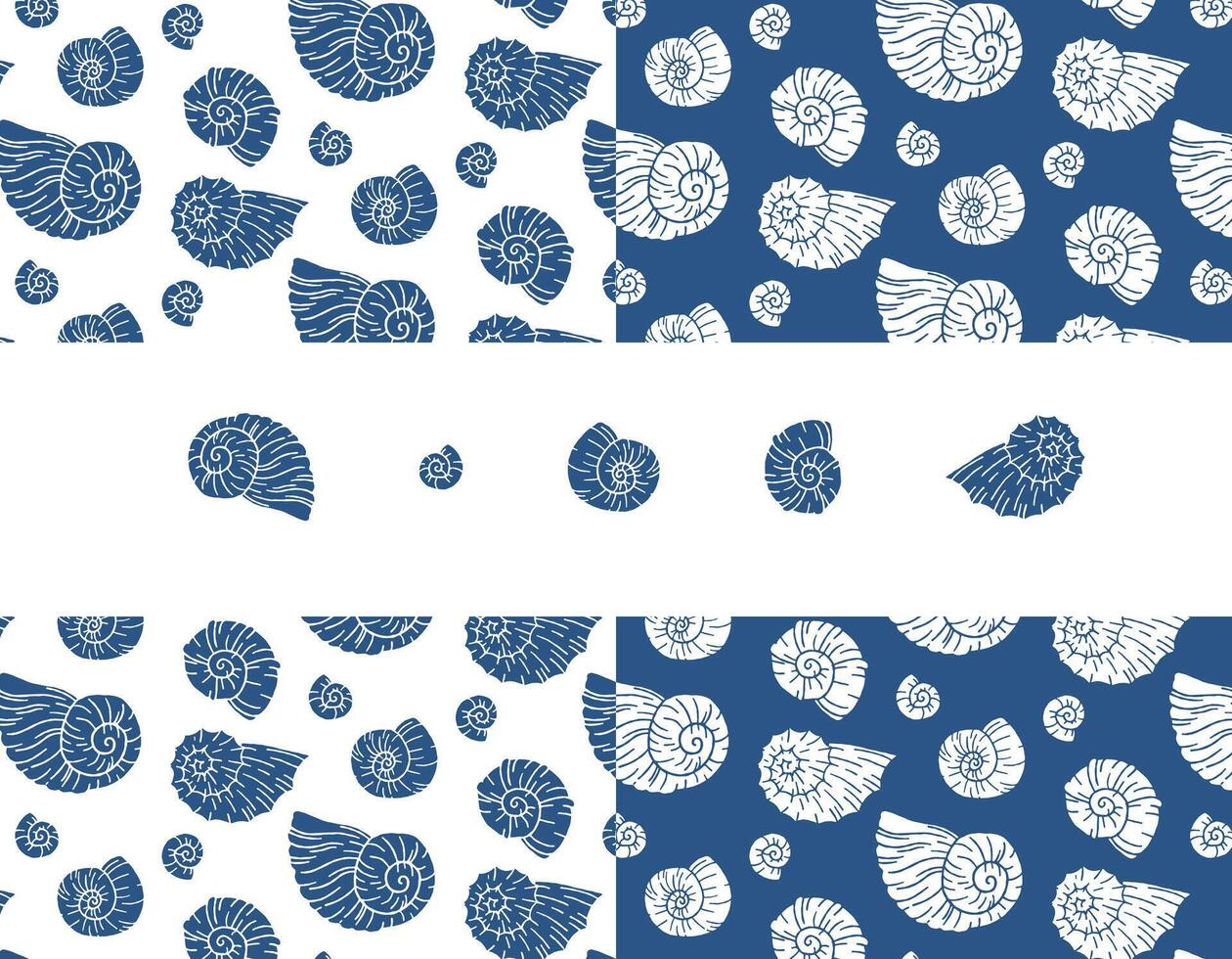Set of seamless vector pattern with blue sea shells. Hand drawn vintage sketch of engraving elements. Marine background. Can be used for packaging, paper, wallpaper. Vector graphics for print.