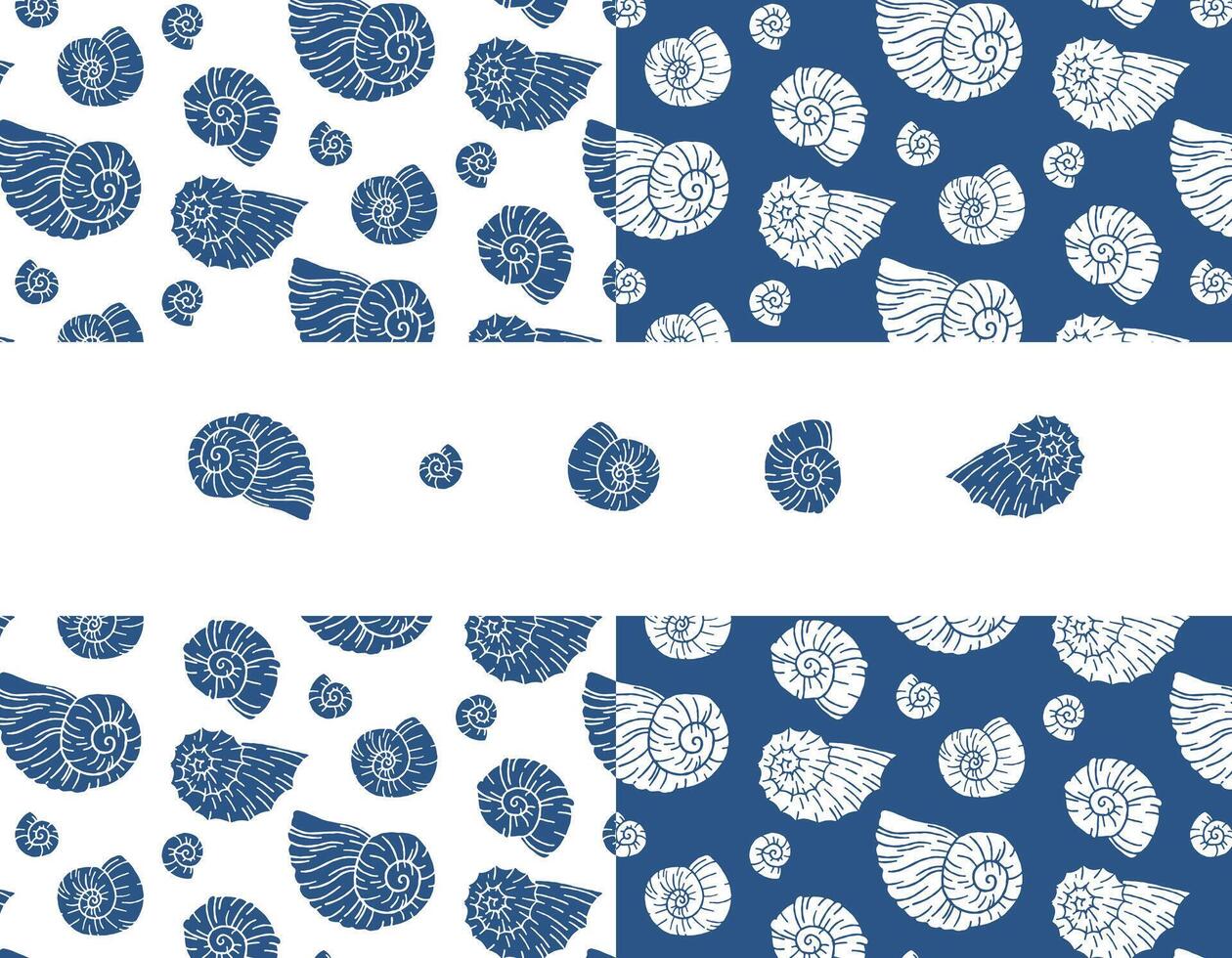 conjunto de sin costura vector modelo con azul mar conchas mano dibujado Clásico bosquejo de grabado elementos. marina antecedentes. lata ser usado para embalaje, papel, fondo de pantalla. vector gráficos para impresión.