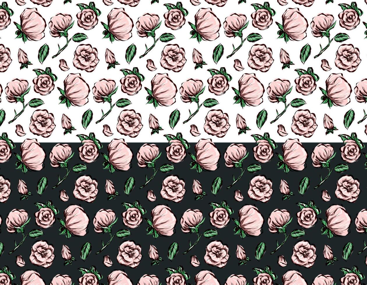 Set of rose patterns isolated line art doodle with leaf element, vector flower design drawn with ink. Floristry, flowers, flowers of love.  Tile with Flower rose.