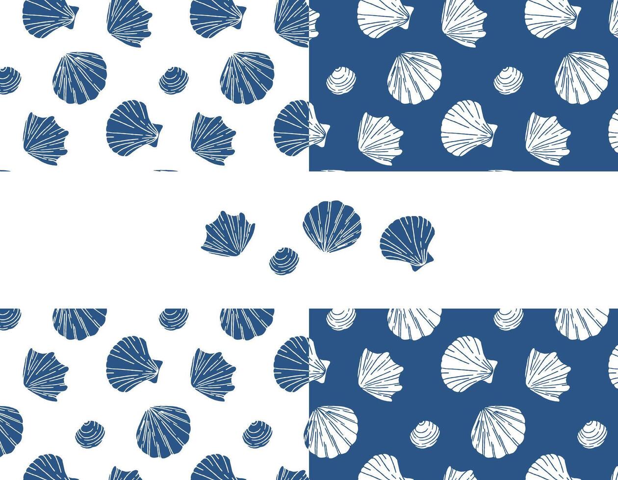 conjunto de sin costura vector modelo con azul mar conchas mano dibujado Clásico bosquejo de grabado elementos. marina antecedentes. lata ser usado para embalaje, papel, fondo de pantalla. vector gráficos para impresión.