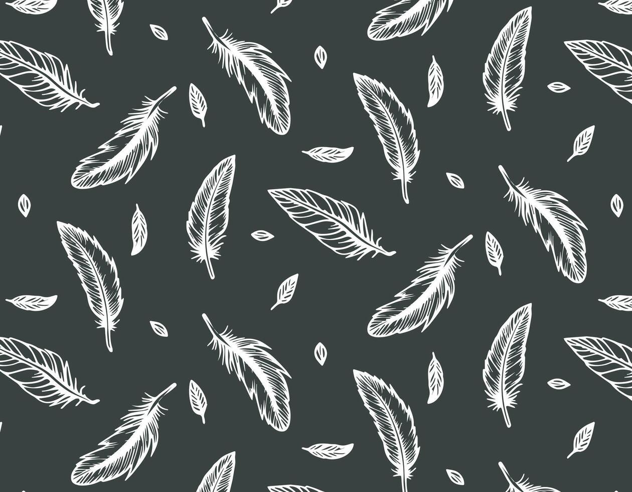 Seamless pattern with delicate feathers in doodle style on a white background, drawn in black ink. Brush and paint texture. Vector illustrations for textile print and pattern. Bird feathers