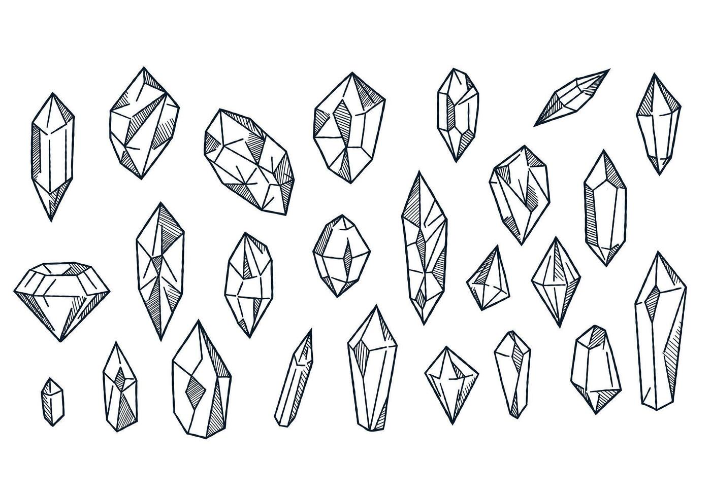 Vector illustration of crystals in doodle style. A set of crystals. collection of simple graphic drawings of crystals, stones, diamonds. clipart isolated on white background. Doodle of precious stones