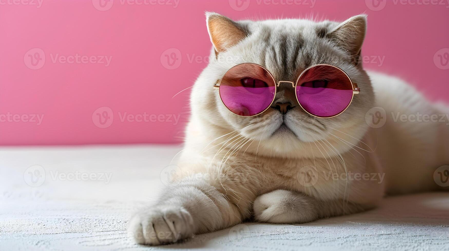 AI generated Cute cat with pink sunglasses on pink background, closeup. Space for text. photo