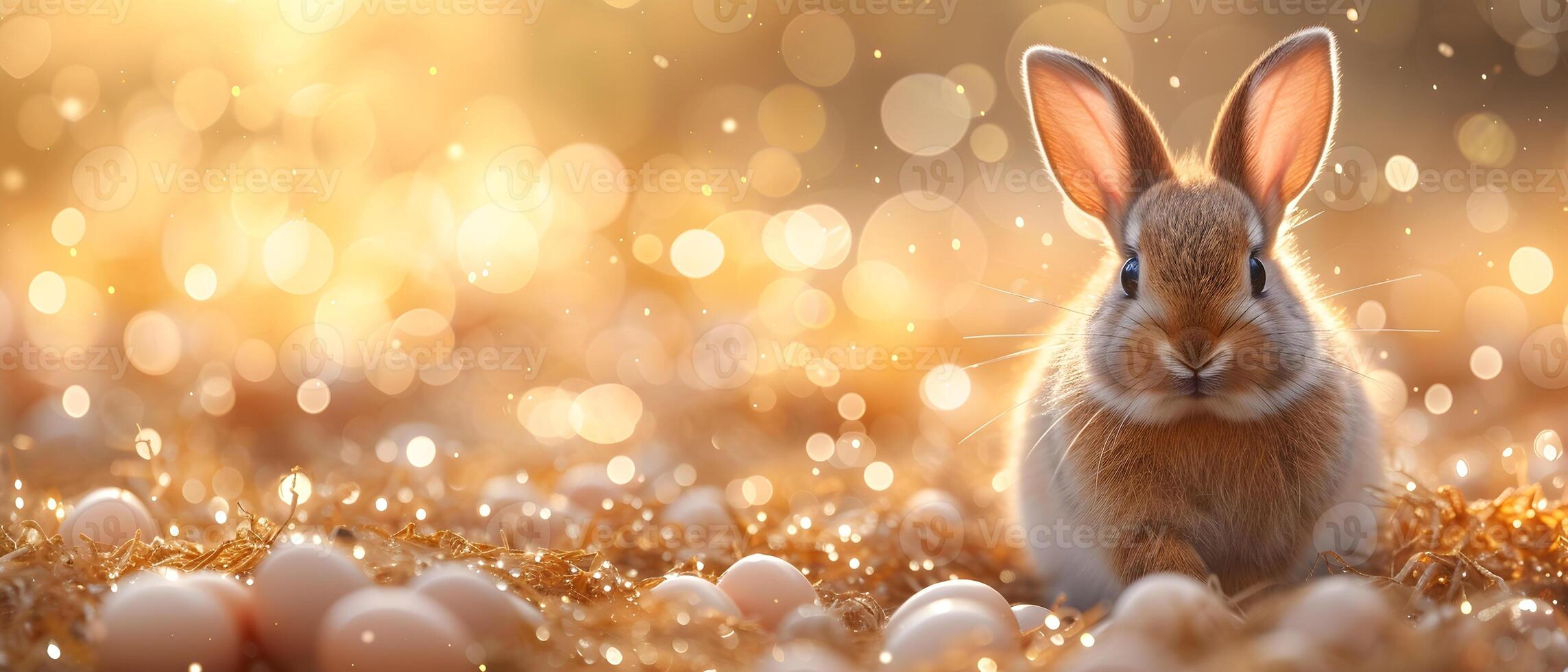 AI generated Easter bunny with Easter eggs on a spring sunny field of golden color. photo