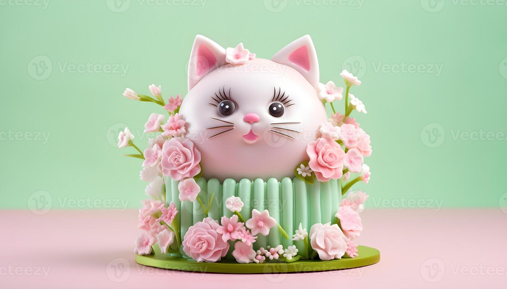 AI generated Cake decorated with the face of a cute cat. photo