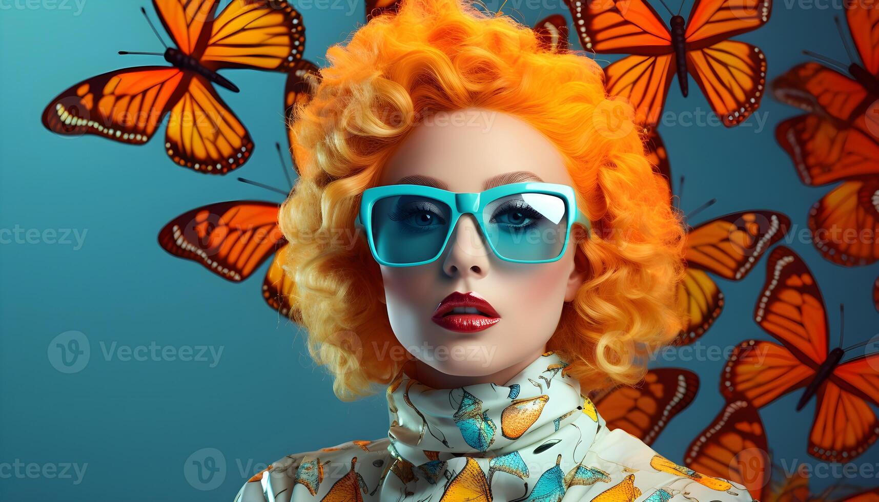 ai generado un joven mujer en Gafas de sol en contra un antecedentes de brillante mariposas Moda concepto. foto