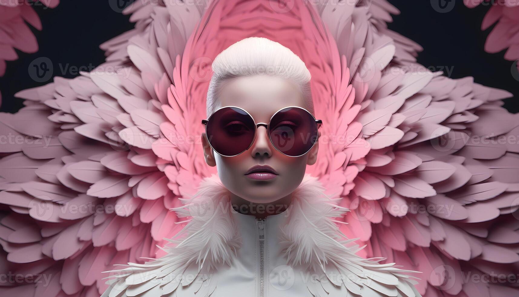 AI generated Young woman wearing sunglasses and a futuristic suit with wings. photo