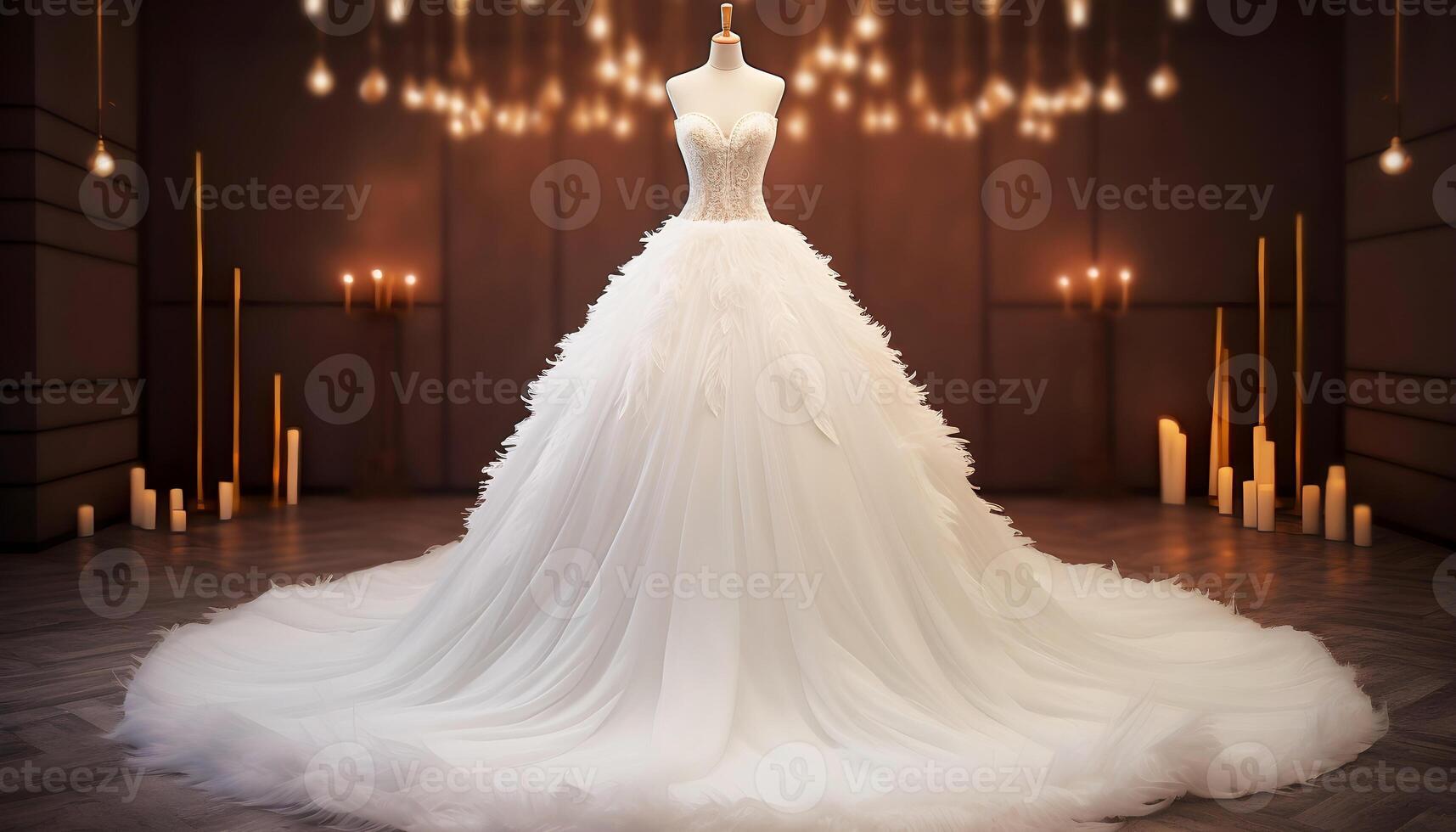 AI generated Beautiful evening luxurious wedding dress decorated with feathers. photo