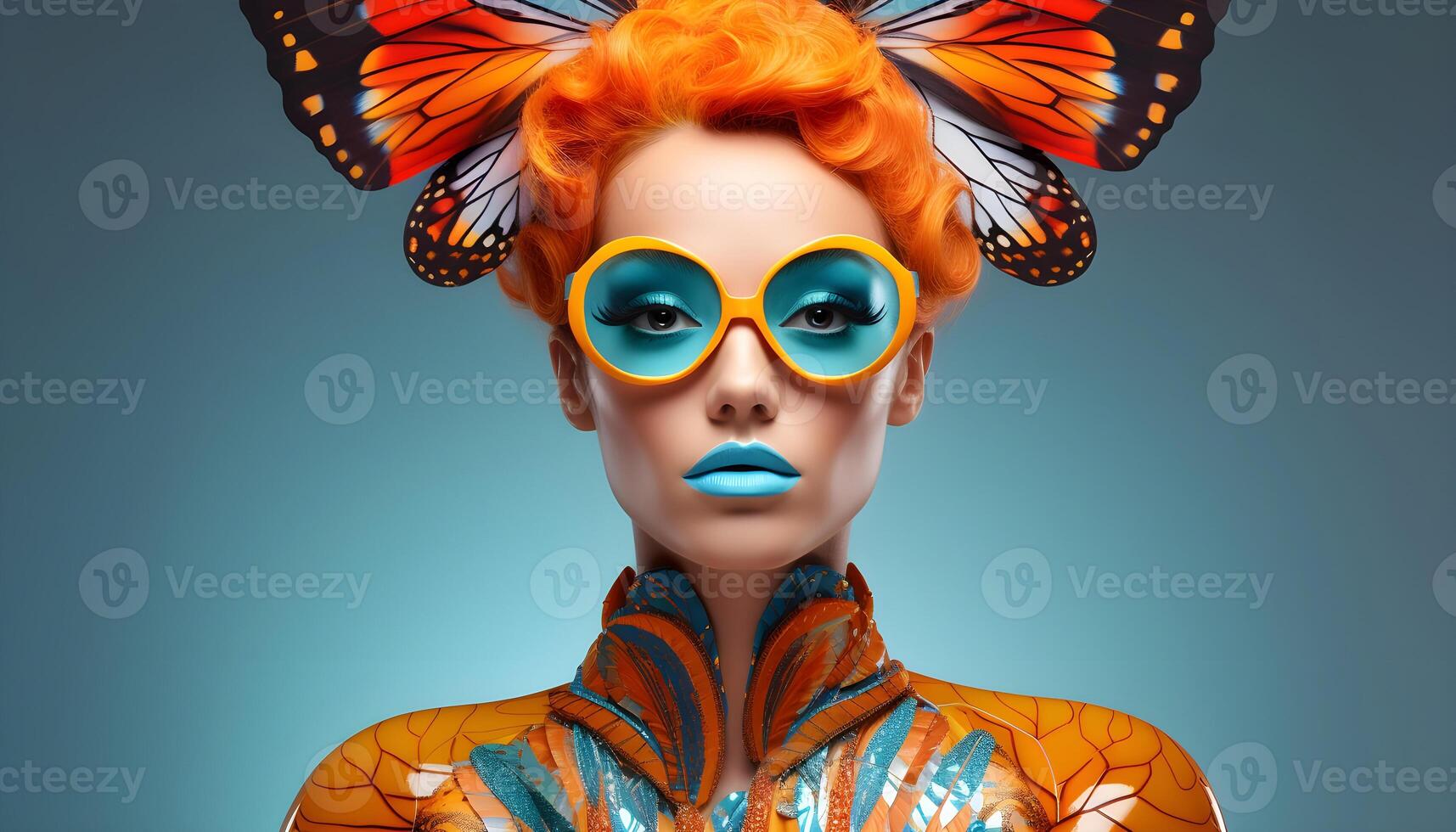 AI generated Woman with bright glasses and a bright wig in a butterfly costume photo