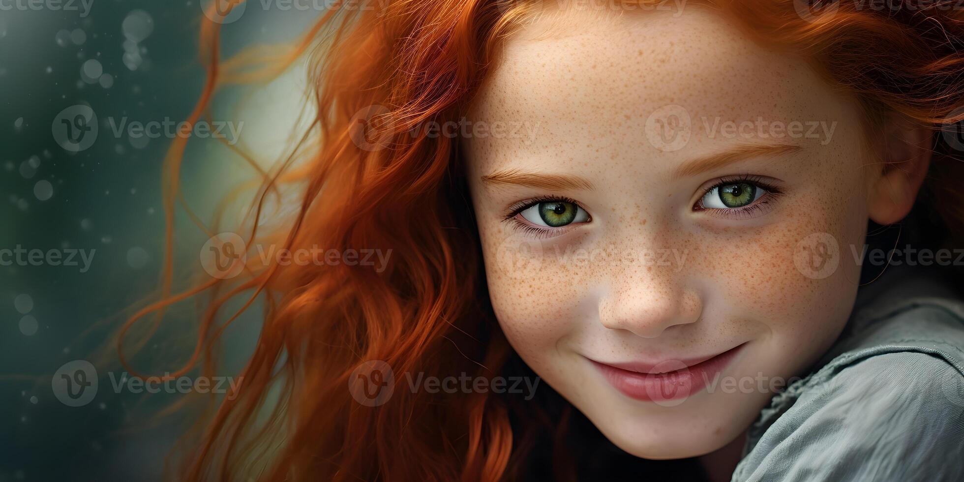 AI generated Portrait of a girl with red hair and freckles. photo