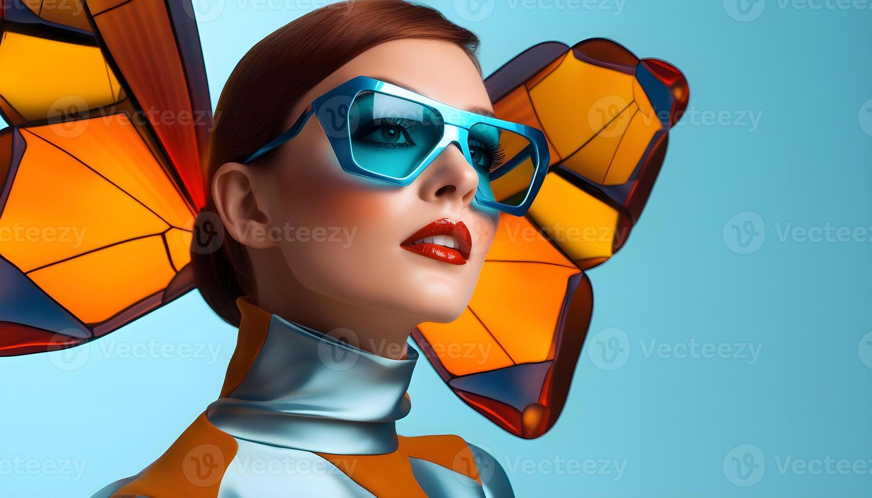 AI generated Young woman in sunglasses against the background of butterfly wings photo