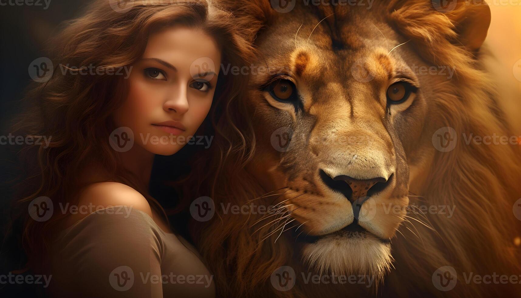 AI generated Woman animal tamer with a large lion. photo