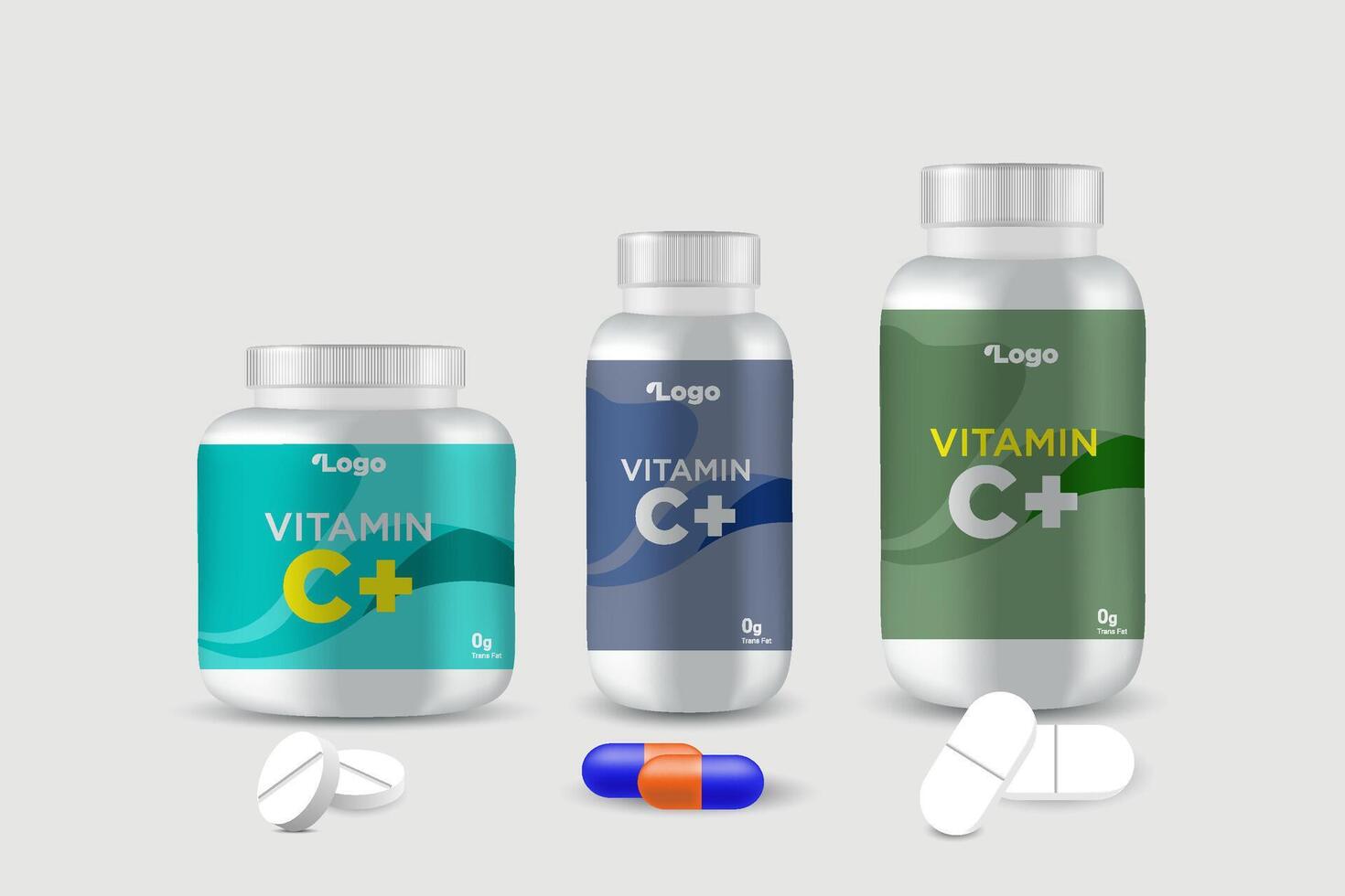 Multi vitamin label sticker design and natural calcium food supplement bottle packaging, capsule or tablet bottle jar label vitamin oil product print ready vector eps 10.