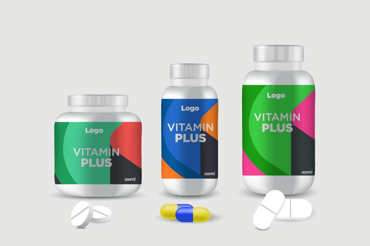 Multi vitamin label sticker design and natural calcium food supplement bottle packaging, capsule or tablet bottle jar label vitamin oil product print ready vector eps 10.