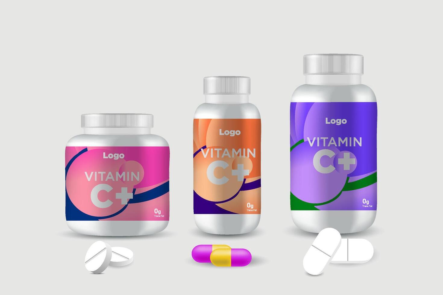 Multi vitamin label sticker design and natural calcium food supplement bottle packaging, capsule or tablet bottle jar label vitamin oil product print ready vector eps 10.