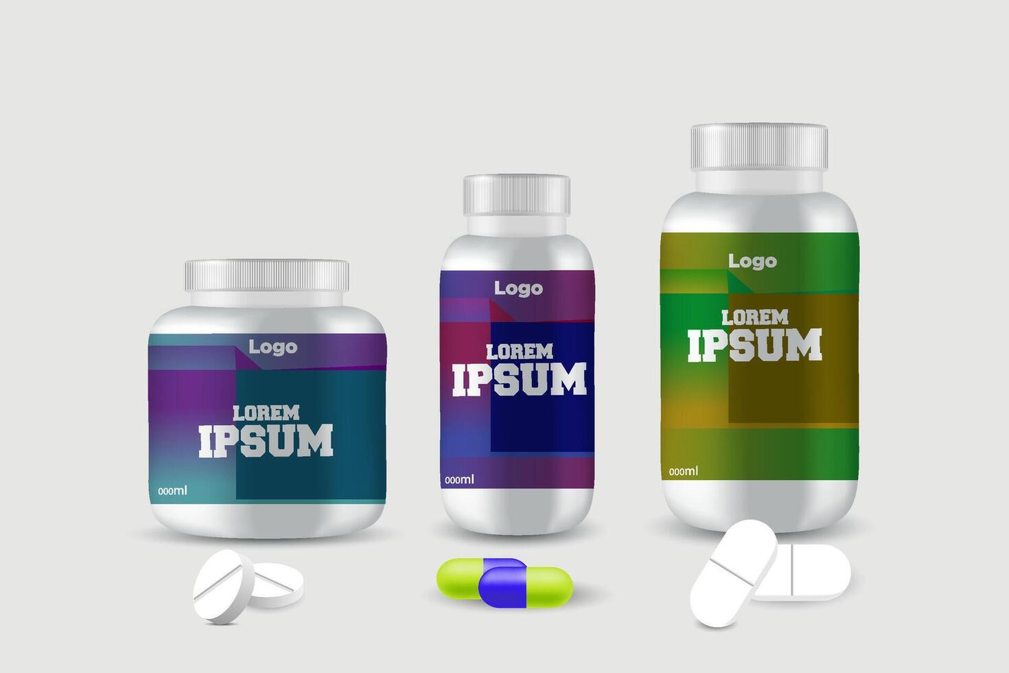 Multi vitamin label sticker design and natural calcium food supplement bottle packaging, capsule or tablet bottle jar label vitamin oil product print ready vector eps 10.